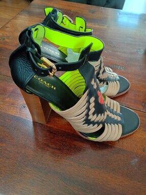 Coach | Black + Beige Woven Leather Block Heel Sandals Neon Lime Lining | 9